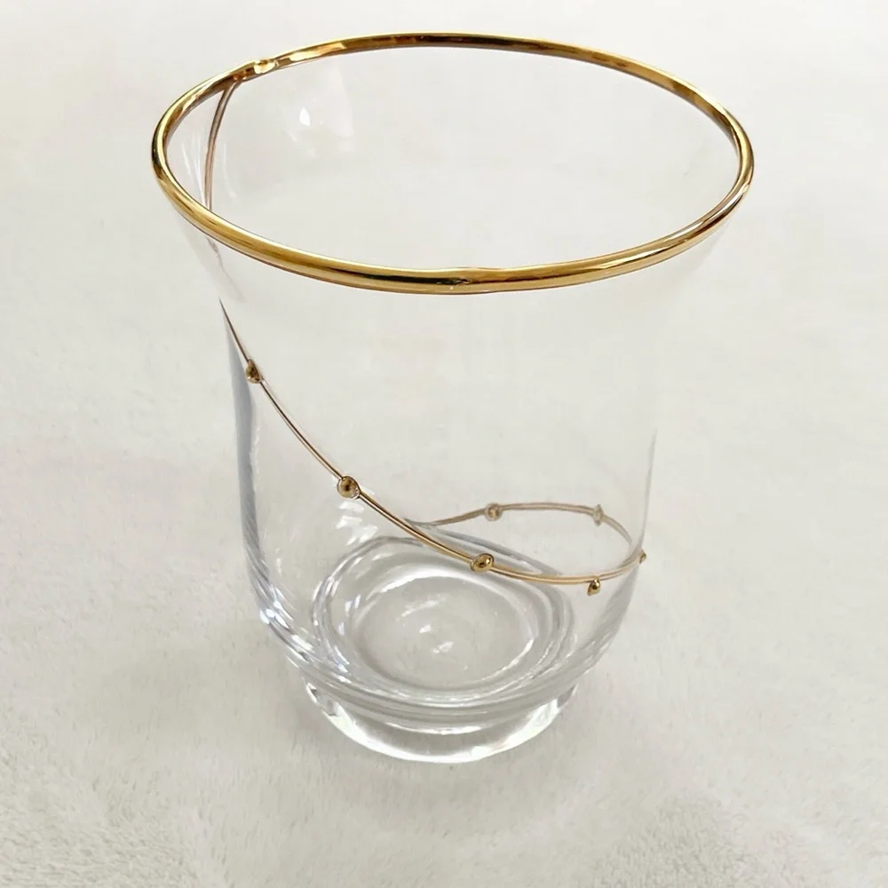 Vintage Pier 1 Clear Blown Glass Vase Gold Rim Spiral Swirl Accent 6”